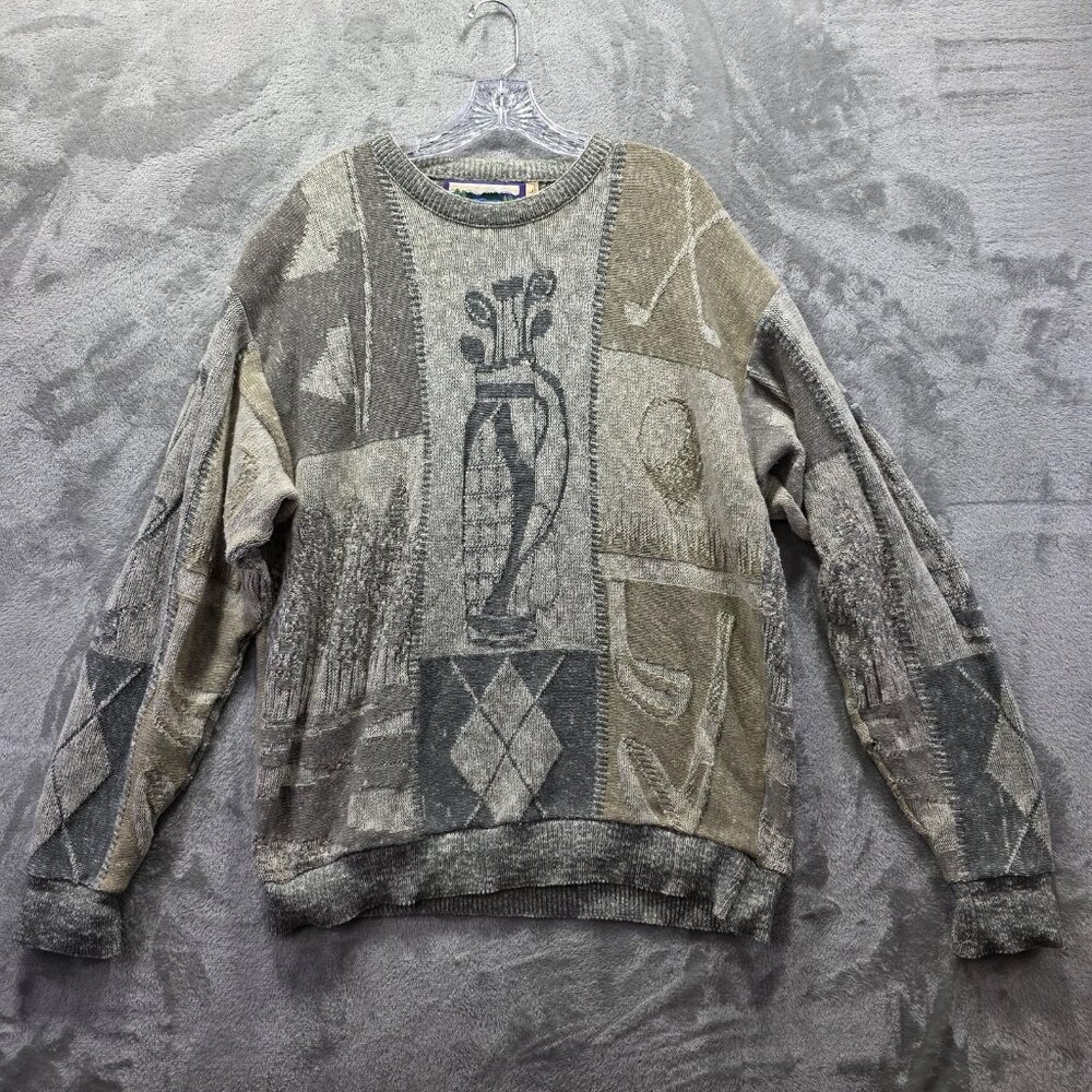 Shenandoah Sweater Mens Large Gray Beige Golf Theme Jacquard Crewneck Made USA